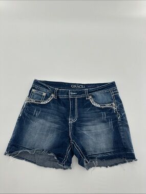 Grace Dark Blue Distressed Denim Jean Shorts